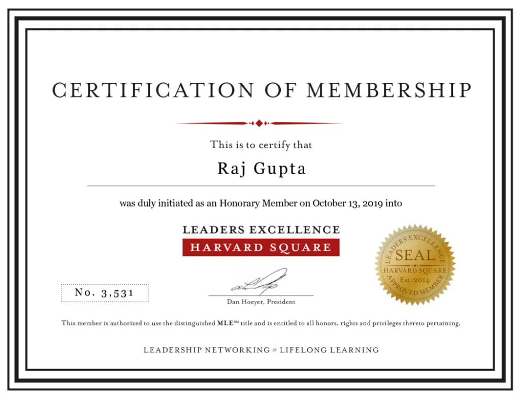 Harvard Leaders Excellence membership certificate