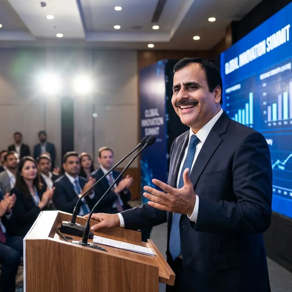 Raj Gupta speaking at a leadership forum